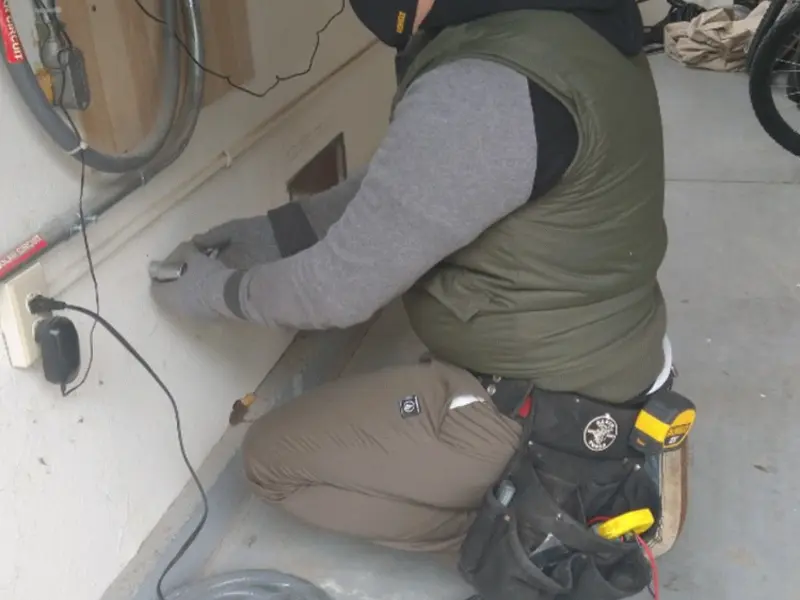 Electrician performing outlet wiring in a Upper Saucon garage
